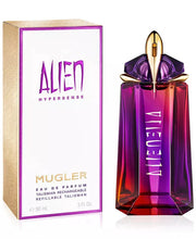 Thierry Mugler Alien Hypersense Eau de Parfum bottle and box, purple gradient glass with gold cap (two-piece set)