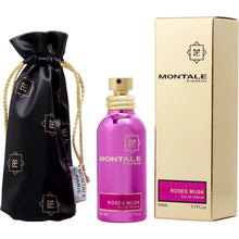 Montale Roses Musk Eau de Parfum bottle pink with black gift pouch and beige box