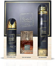 Lattafa Khamrah 3-Piece Gift Set: unisex eau de parfum in black-gold bottles