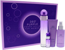 Perry Ellis 360 Purple Eau de Parfum 4-piece gift set for women with purple bottles and box.