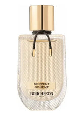 Boucheron Serpent Bohème Eau de Parfum bottle in clear glass with a gold cap and black cord.