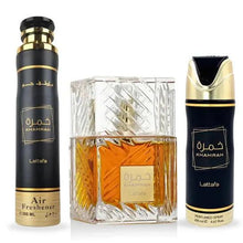 Lattafa Khamrah 3-Piece Gift Set Eau de Parfum, unisex; three bottles: two black with gold accents and a crystal square bottle.