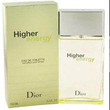 Dior Higher Energy Eau de Toilette for Men bottle with pale yellow liquid beside a light-green two-piece box.