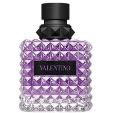 Valentino Donna Born In Roma Purple Melancholia EDP bottle with purple diamond-pattern glass and black cap.