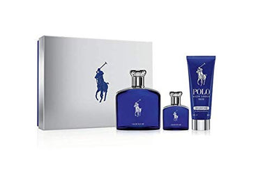 Ralph Lauren Mens 3 Piece Polo Blue Eau de Parfum Gift Set 4.2 oz + 1.36 oz + 3.4 Hair & Body - Fragrance Me Baby