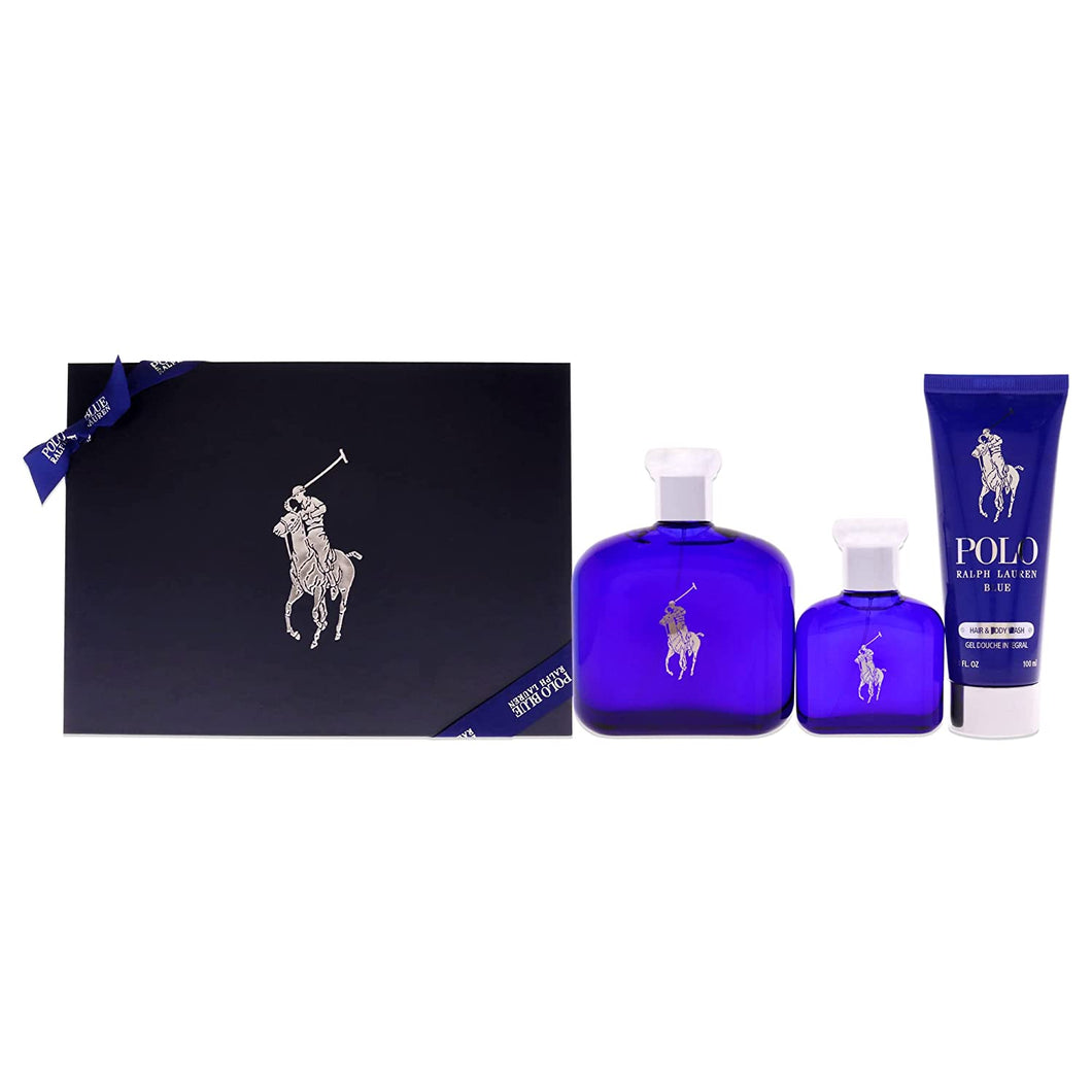 Ralph Lauren Polo Blue Men 3 Pc Gift Set 4.2oz EDT Spray, 1.36oz EDT Spray, 3.4oz Hair and Body Wash - Fragrance Me Baby